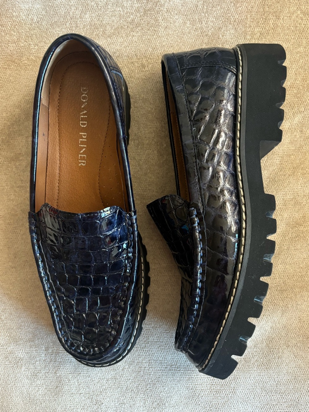 Donald J Pliner Dark Navy Blue Croc Print Chunky Leather Loafers Business Casual